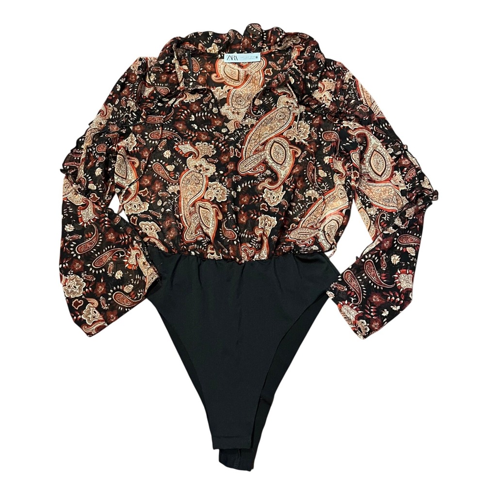 Zara Womens‎ Paisley Ruffle Sheer Bodysuit Long Sleeve V-Neck Black Rust Small